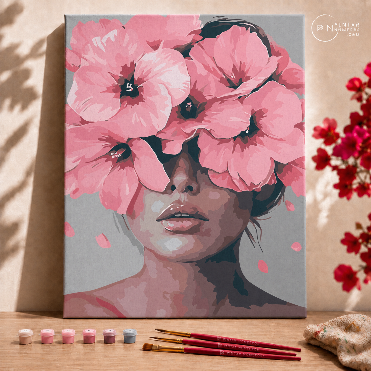 Mujer de flores rosas -  Pintar Números