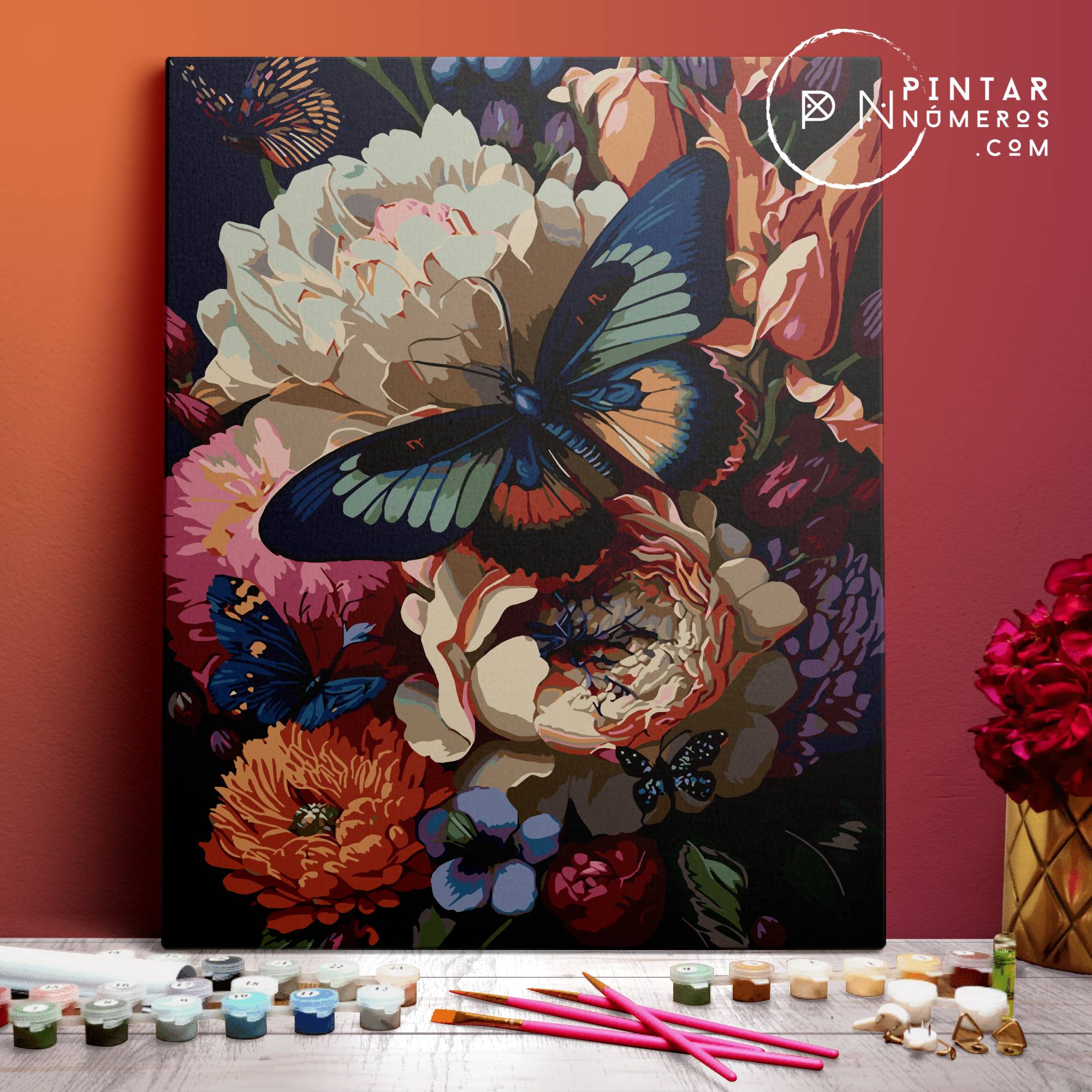 Peonias y Mariposas -  Pintar Números